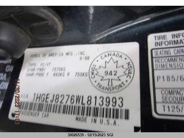 1998 Honda Civic Si VIN: 1HGEJ8276WL813993 Lot: 30026539