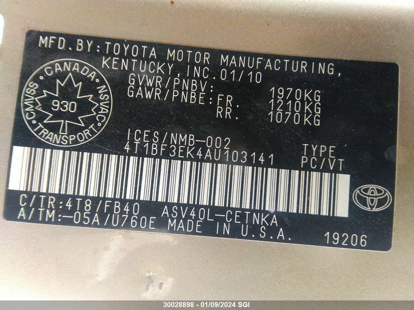 4T1BF3EK4AU103141 2010 Toyota Camry Se/Le/Xle