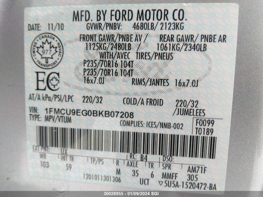 1FMCU9EG0BKB07208 2011 Ford Escape Limited