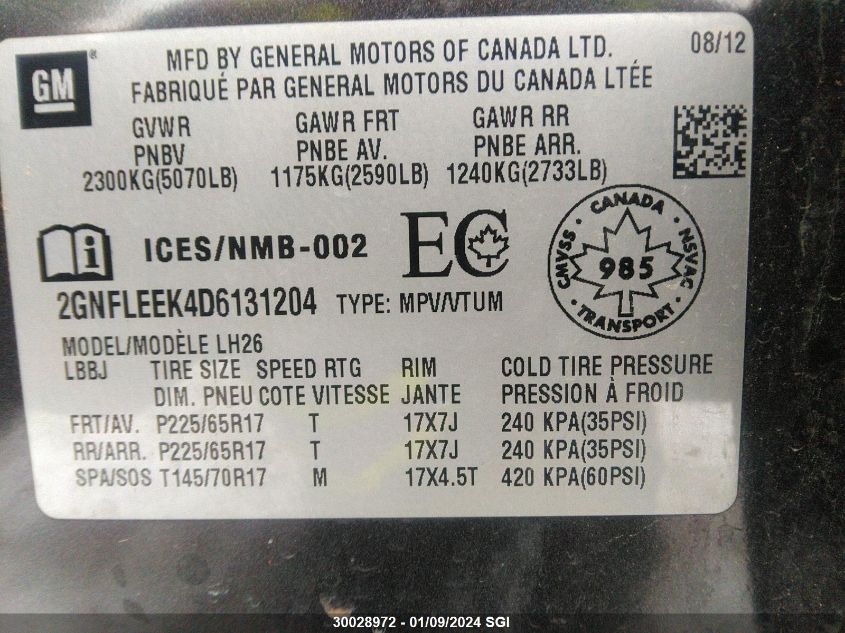 2GNFLEEK4D6131204 2013 Chevrolet Equinox Lt