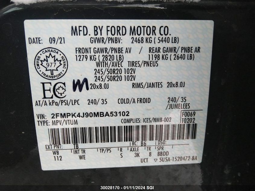 2021 Ford Edge Sel VIN: 2FMPK4J90MBA53102 Lot: 30028170