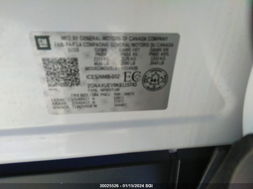 2019 Chevrolet Equinox Lt VIN: 2GNAXUEV9K6115743 Lot: 39241595