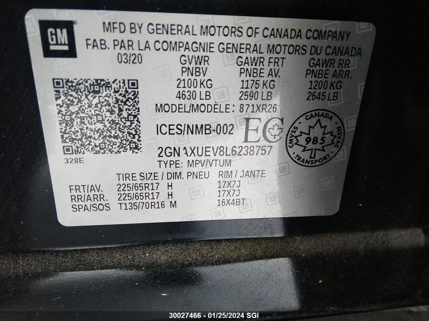 2GNAXUEV8L6238757 2020 Chevrolet Equinox Lt