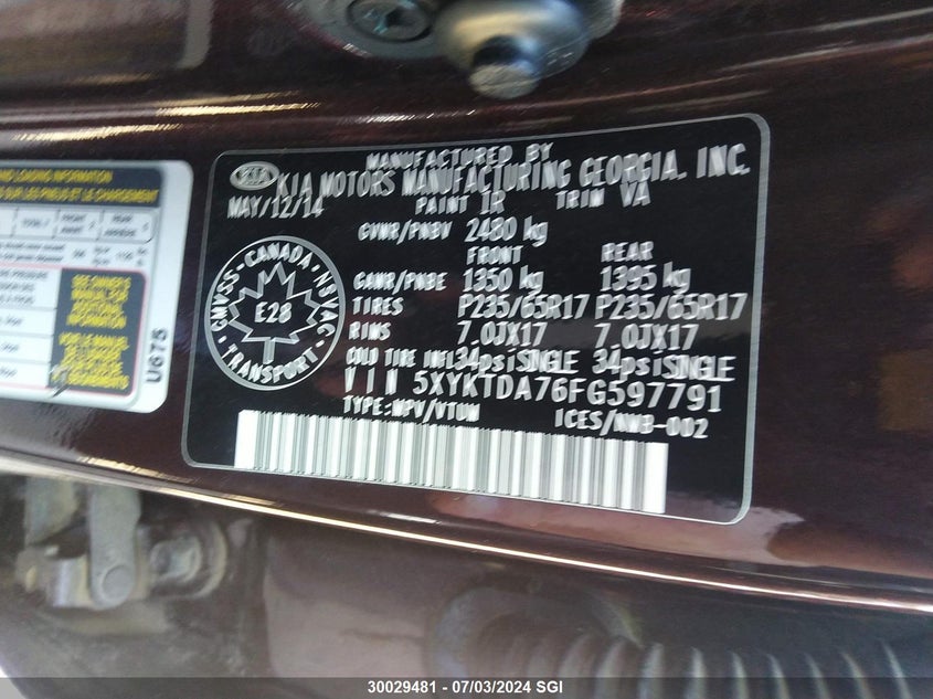 2015 Kia Sorento Lx VIN: 5XYKTDA76FG597791 Lot: 30029481