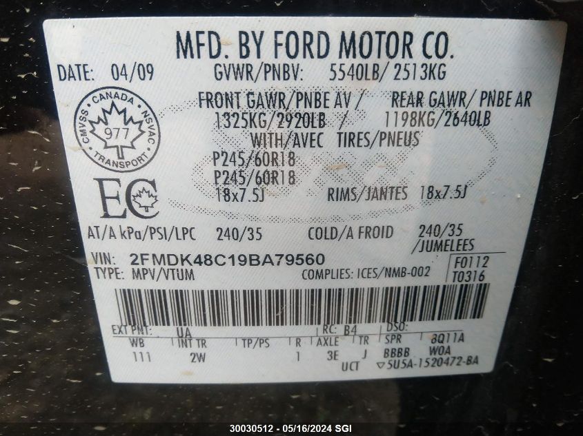 2009 Ford Edge Sel VIN: 2FMDK48C19BA79560 Lot: 30030512