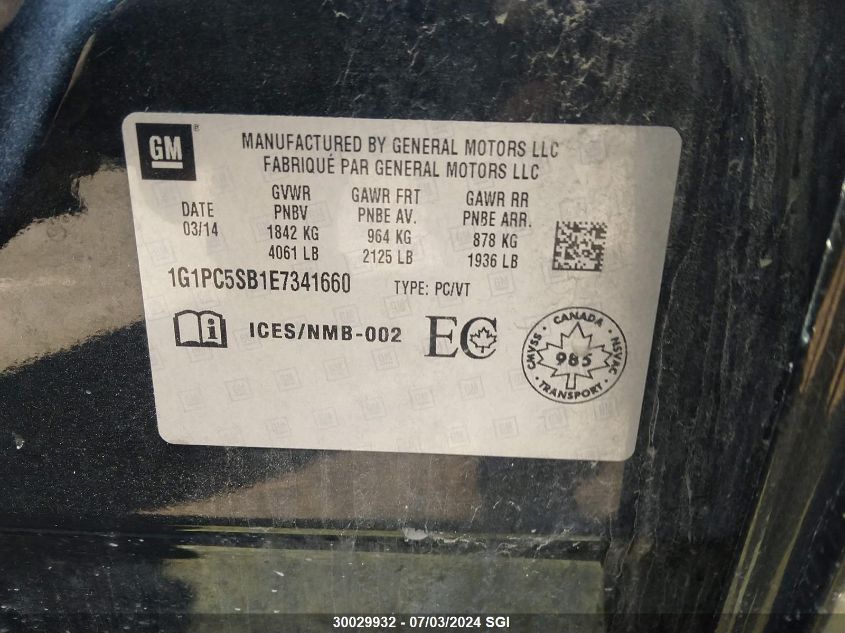 2014 Chevrolet Cruze Lt VIN: 1G1PC5SB1E7341660 Lot: 30029932