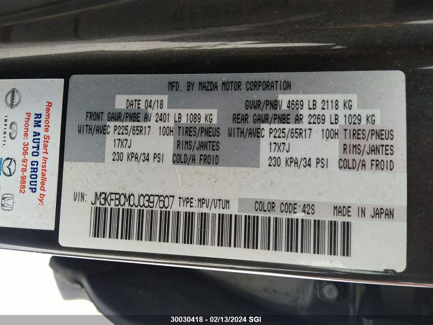 2018 Mazda Cx-5 Touring VIN: JM3KFBCM0J0397607 Lot: 30030418