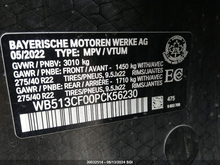 2023 BMW Ix xDrive40 VIN: WB513CF00PCK56230 Lot: 30032514