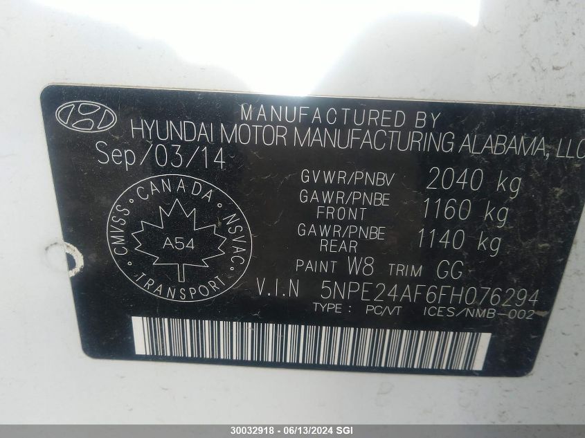 2015 Hyundai Sonata Se VIN: 5NPE24AF6FH076294 Lot: 30032918