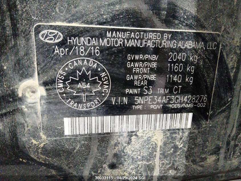 2016 Hyundai Sonata Sport/Limited VIN: 5NPE34AF3GH428276 Lot: 30033115