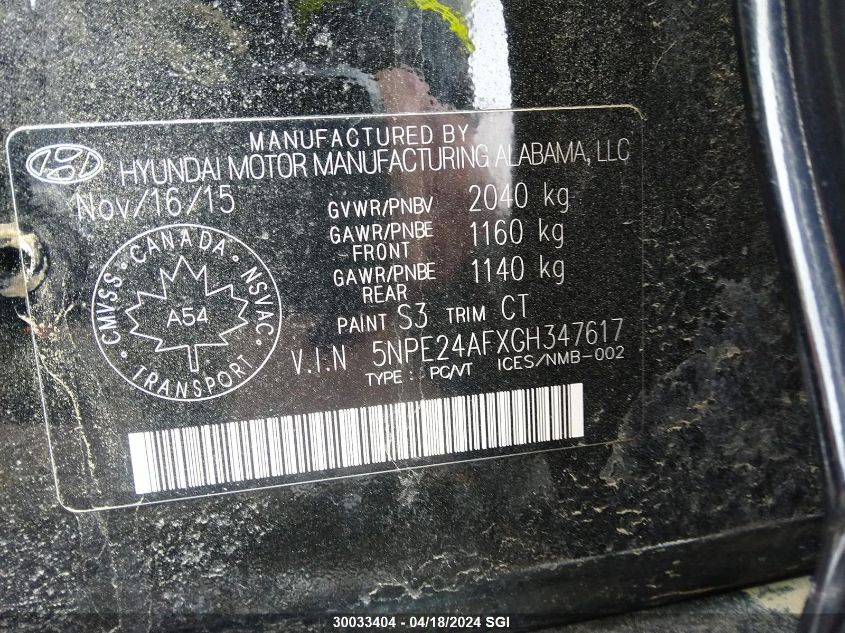2016 Hyundai Sonata Se VIN: 5NPE24AFXGH347617 Lot: 30033404