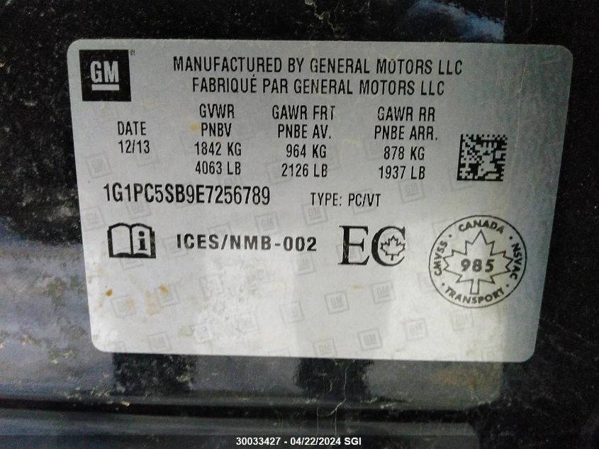 2014 Chevrolet Cruze Lt VIN: 1G1PC5SB9E7256789 Lot: 39240432