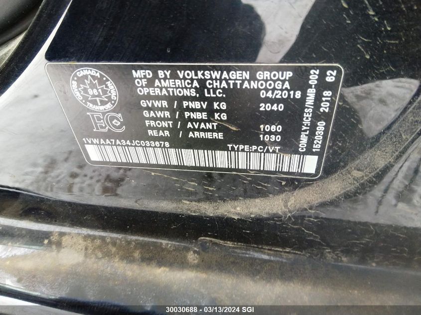 2018 Volkswagen Passat S/R-Line VIN: 1VWAA7A34JC033678 Lot: 30030688