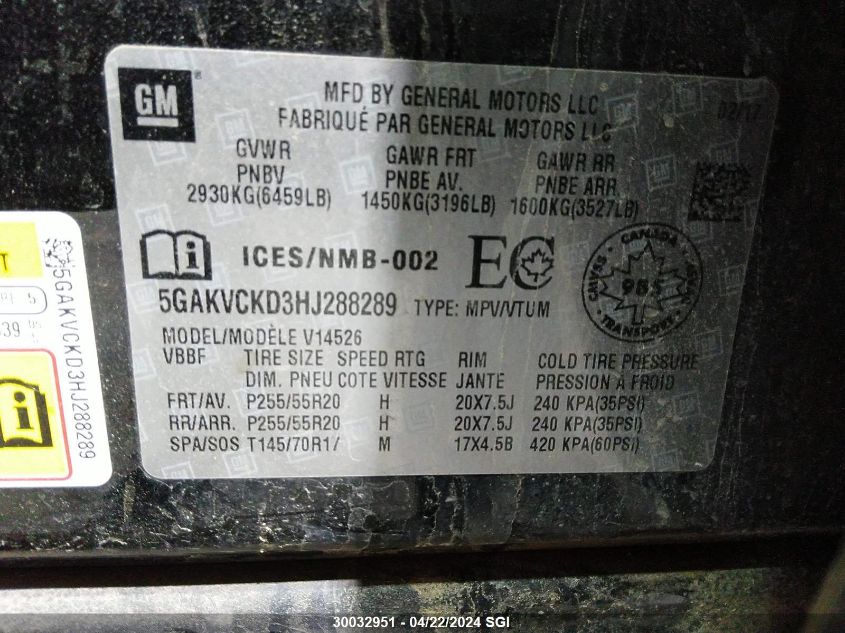 2017 Buick Enclave VIN: 5GAKVCKD3HJ288289 Lot: 30032951