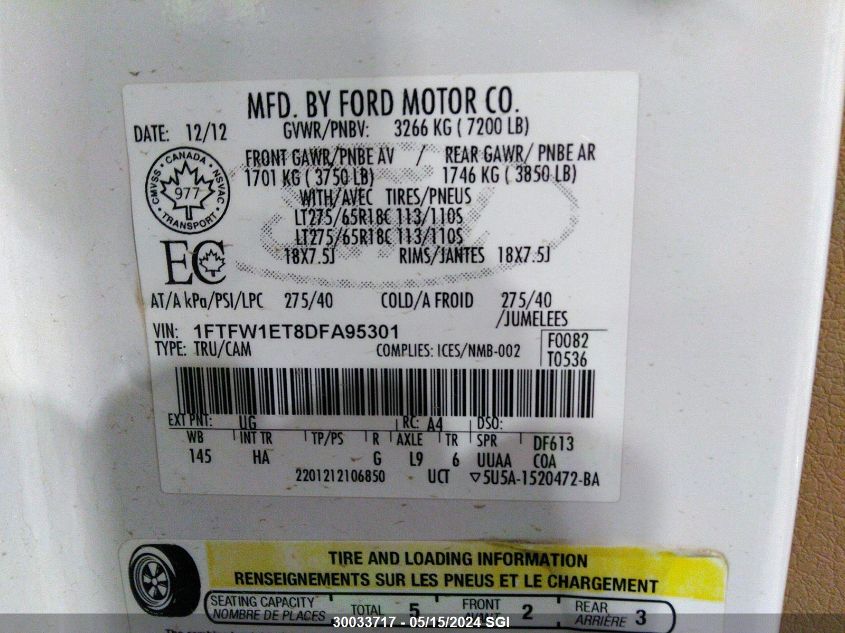 2013 Ford F150 Supercrew VIN: 1FTFW1ET8DFA95301 Lot: 30033717