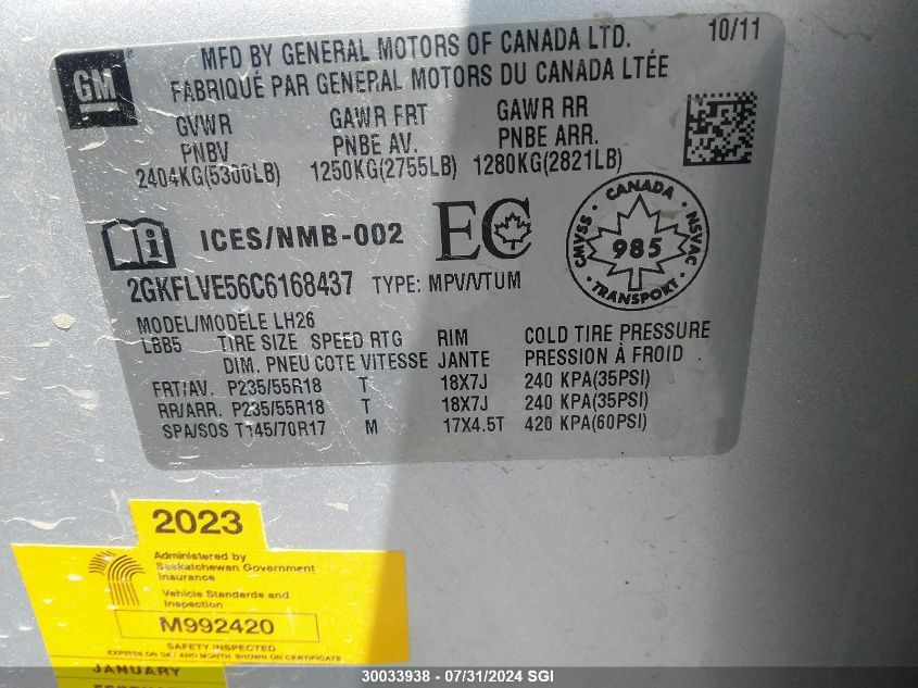 2012 GMC Terrain Slt VIN: 2GKFLVE56C6168437 Lot: 30033938