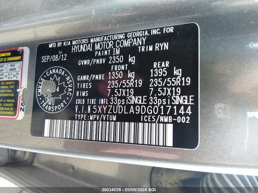 2013 Hyundai Santa Fe Sport VIN: 5XYZUDLA9DG017144 Lot: 30034029