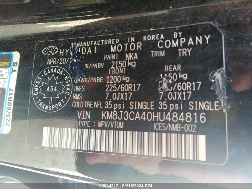 2017 Hyundai Tucson Limited/Sport And Eco/Se VIN: KM8J3CA40HU484816 Lot: 30034212