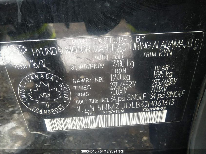 2018 Hyundai Santa Fe Sport VIN: 5NMZUDLB3JH061313 Lot: 30034313