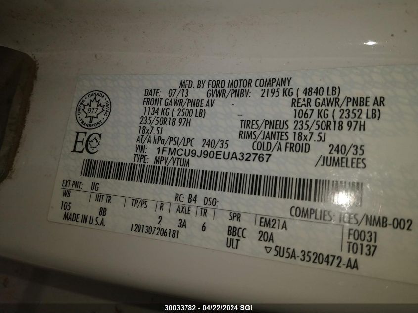 2014 Ford Escape Titanium VIN: 1FMCU9J90EUA32767 Lot: 50232134