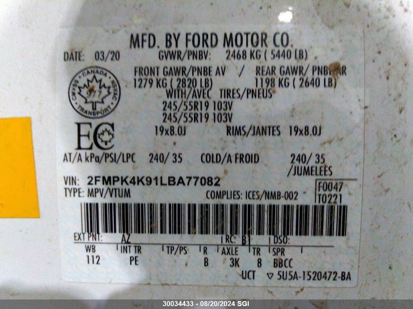 2020 Ford Edge Titanium VIN: 2FMPK4K91LBA77082 Lot: 30034433