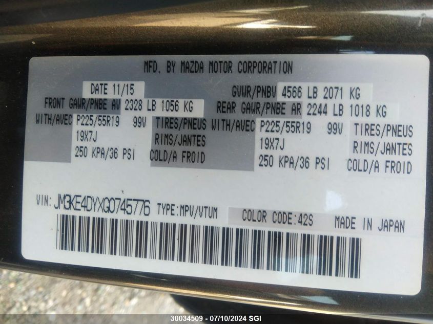 2016 Mazda Cx-5 Gt VIN: JM3KE4DYXG0745776 Lot: 30034509