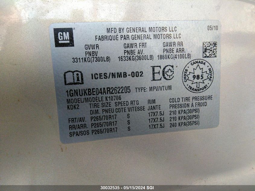 2010 Chevrolet Tahoe K1500 Lt VIN: 1GNUKBE04AR262205 Lot: 30032535