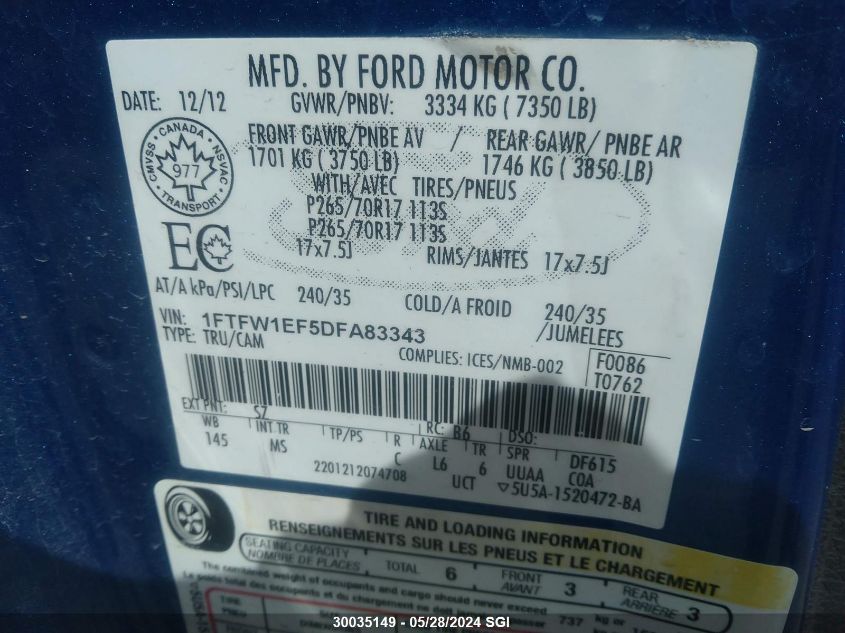 2013 Ford F150 Supercrew VIN: 1FTFW1EF5DFA83343 Lot: 30035149