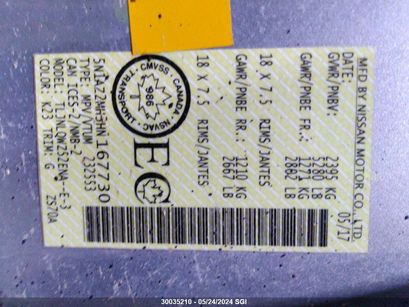 2017 Nissan Murano S/Sl/Sv/Platinum VIN: 5N1AZ2MH3HN167730 Lot: 30035210