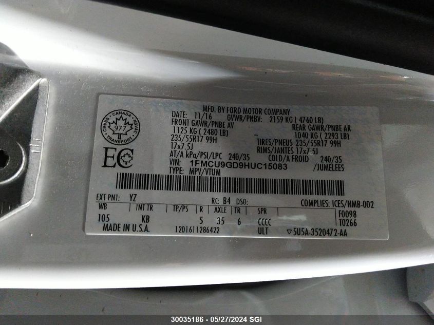 2017 Ford Escape Se VIN: 1FMCU9GD9HUC15083 Lot: 30035186