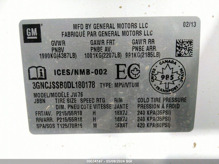 2013 Chevrolet Trax Ltz VIN: 3GNCJSSB0DL180178 Lot: 30034147