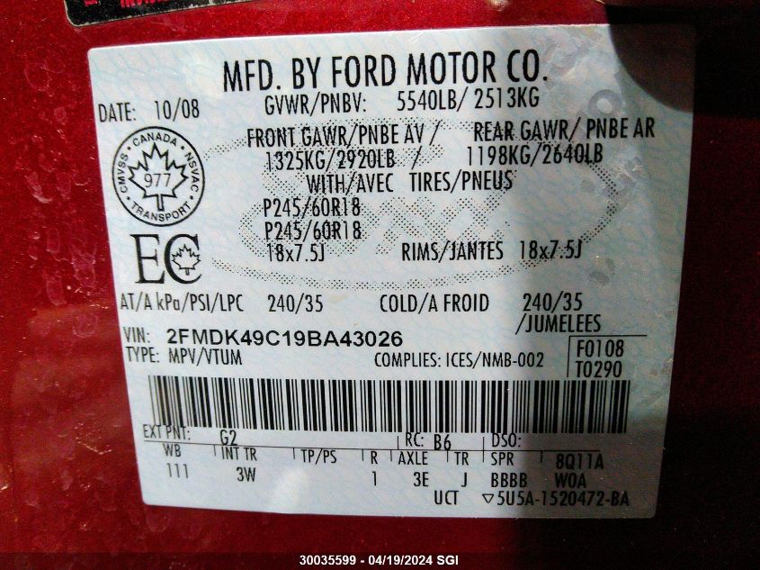 2FMDK49C19BA43026 2009 Ford Edge Limited