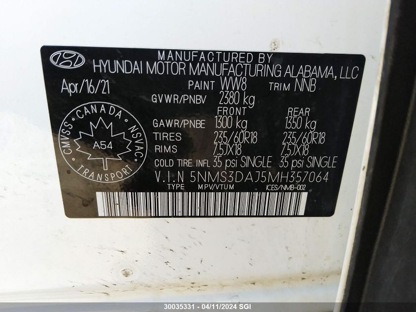 2021 Hyundai Santa Fe Sel VIN: 5NMS3DAJ5MH357064 Lot: 30035331