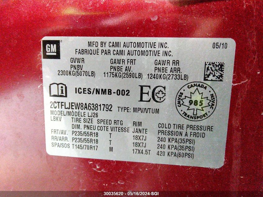 2010 GMC Terrain Slt VIN: 2CTFLJEW8A6381792 Lot: 30035620