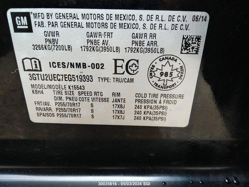 2014 GMC Sierra K1500 Sle VIN: 3GTU2UEC7EG519393 Lot: 30035816