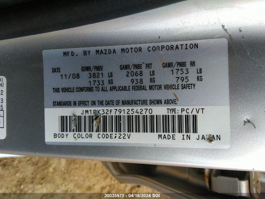 2009 Mazda 3 I VIN: JM1BK32F791254270 Lot: 30035972