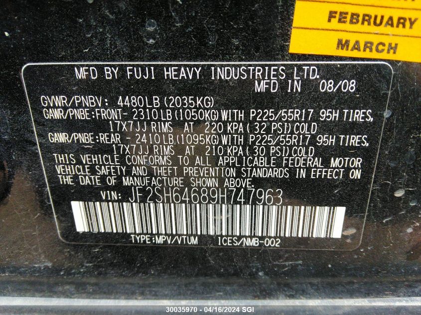 2009 Subaru Forester 2.5X Limited VIN: JF2SH64689H747963 Lot: 30035970
