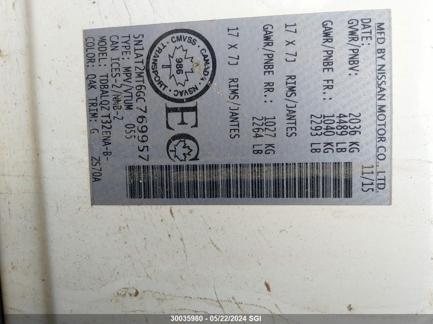 2016 Nissan Rogue S/Sl/Sv VIN: 5N1AT2MT6GC769957 Lot: 30035980