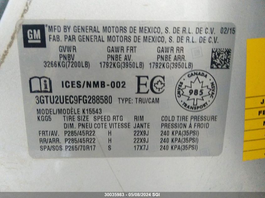 2015 GMC Sierra K1500 Sle VIN: 3GTU2UEC9FG288580 Lot: 30035983