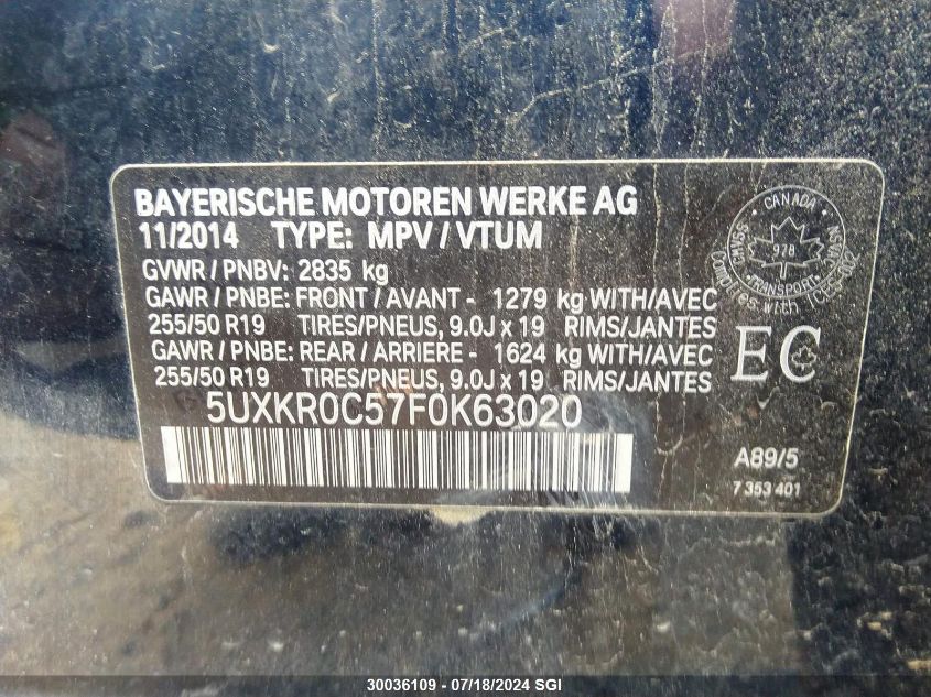 2015 BMW X5 xDrive35I VIN: 5UXKR0C57F0K63020 Lot: 30036109