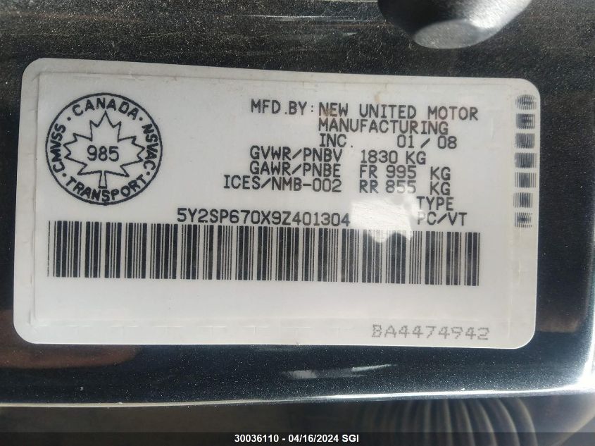 2009 Pontiac Vibe VIN: 5Y2SP670X9Z401304 Lot: 30036110