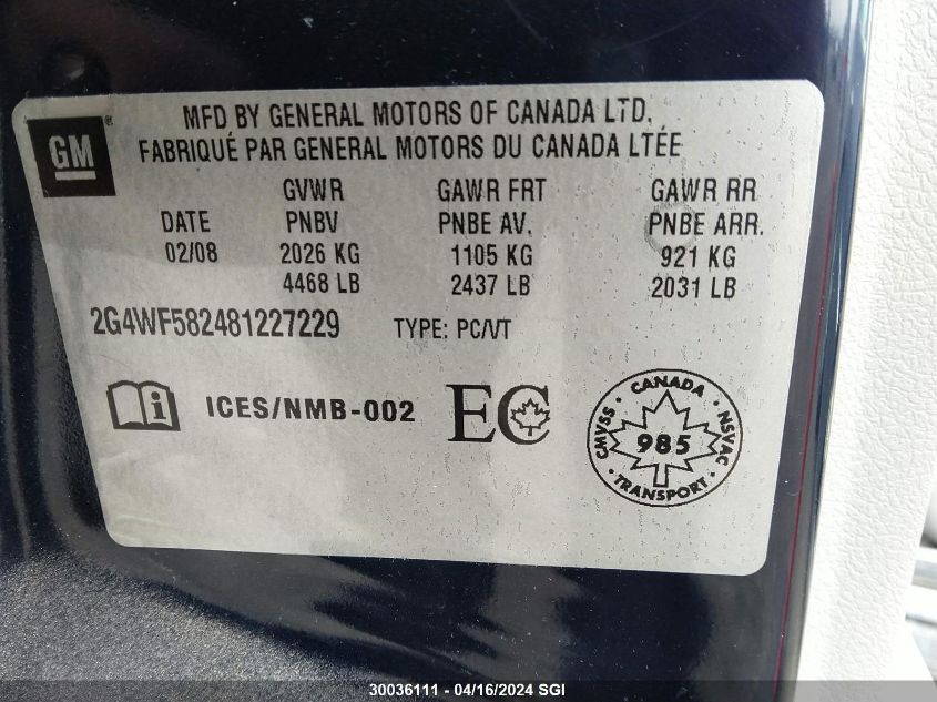 2008 Buick Allure Cx VIN: 2G4WF582481227229 Lot: 30036111