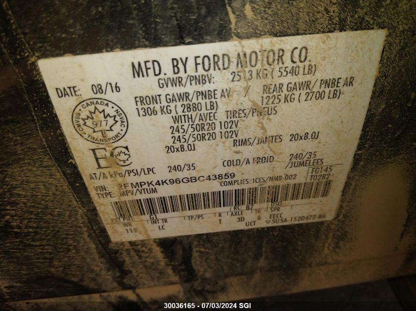 2016 Ford Edge Titanium VIN: 2FMPK4K96GBC43859 Lot: 30036165