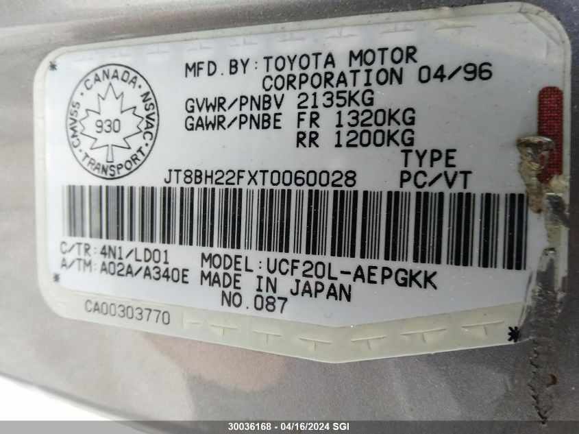 1996 Lexus Ls 400 VIN: JT8BH22FXT0060028 Lot: 30036168