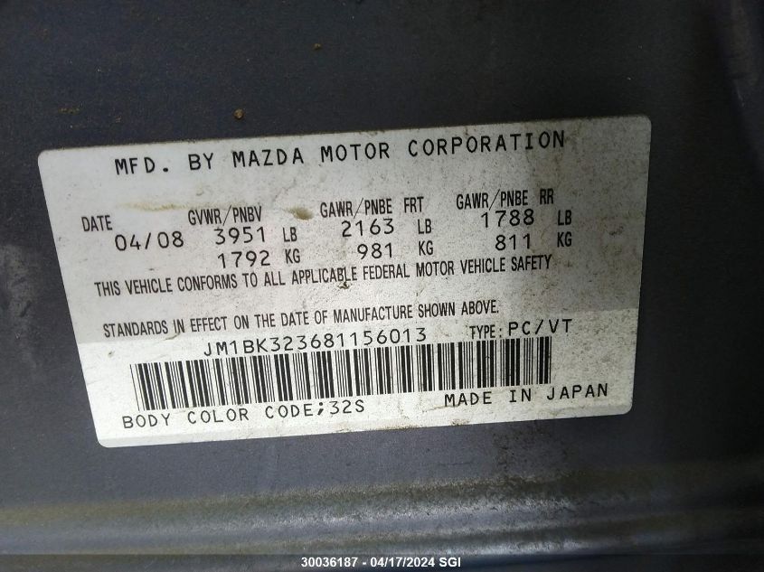 2008 Mazda 3 S VIN: JM1BK323681156013 Lot: 30036187