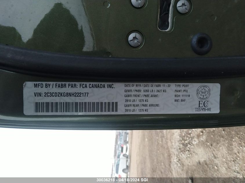 2022 Dodge Challenger Gt VIN: 2C3CDZKG8NH222177 Lot: 30036218