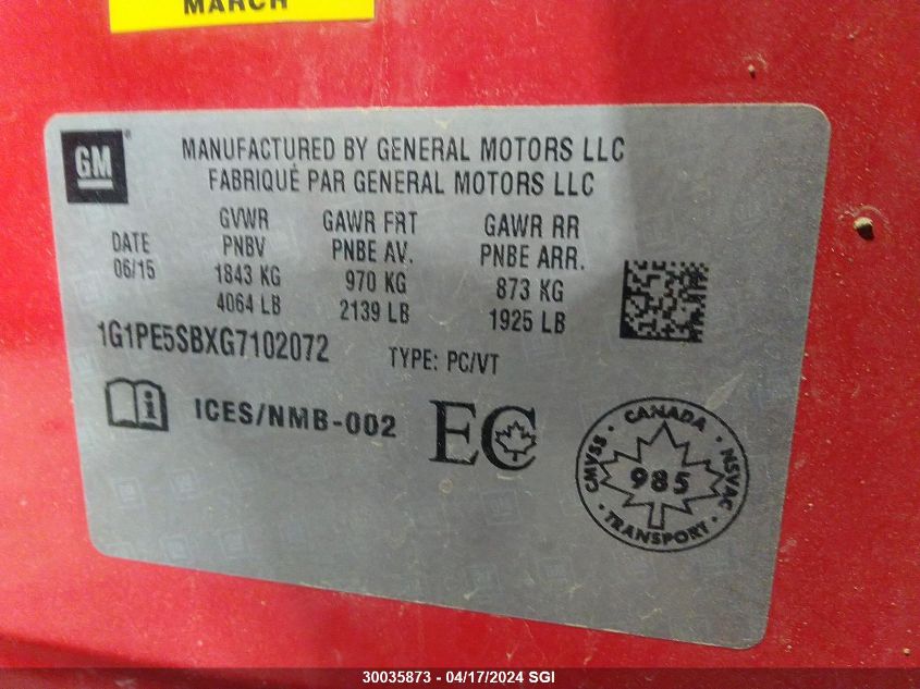 2016 Chevrolet Cruze Limited Lt VIN: 1G1PE5SBXG7102072 Lot: 30035873