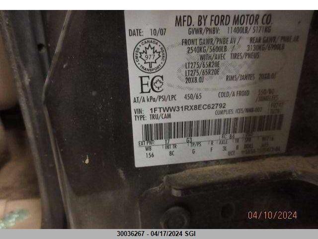 2008 Ford F350 Srw Super Duty VIN: 1FTWW31RX8EC62792 Lot: 30036267