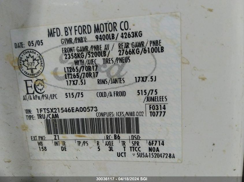 2006 Ford F250 Super Duty VIN: 1FTSX21546EA00573 Lot: 30036117