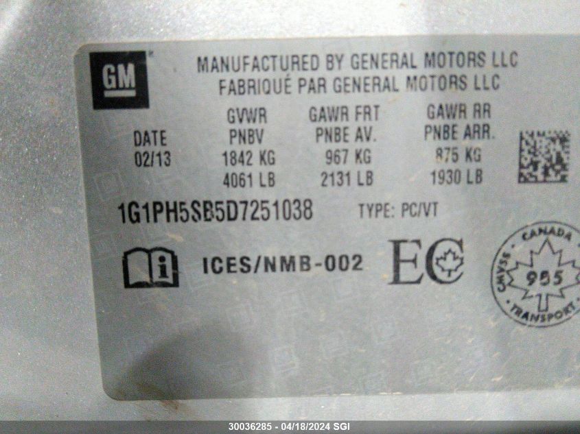 2013 Chevrolet Cruze Eco VIN: 1G1PH5SB5D7251038 Lot: 30036285